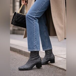 Loeffler Randall Carter Metallic Sock Booties Silver Black 6